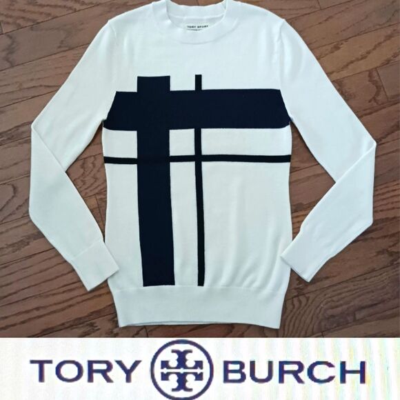 Tory Burch Sport Round Neck Wool Knit Pullover Ivory/Navy Stripes XS - Picture 1 of 4